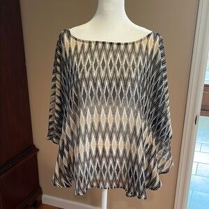 Ruby Rd Black and Beige Sheer Dolman Blouse with 3/4 Sleeves